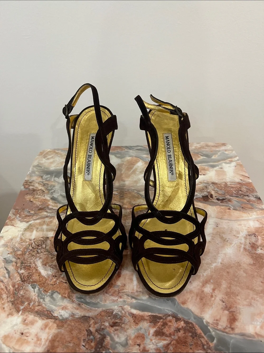 Manolo Blahnik Chocolate Brown Suede Strappy Heels with Gold Insole